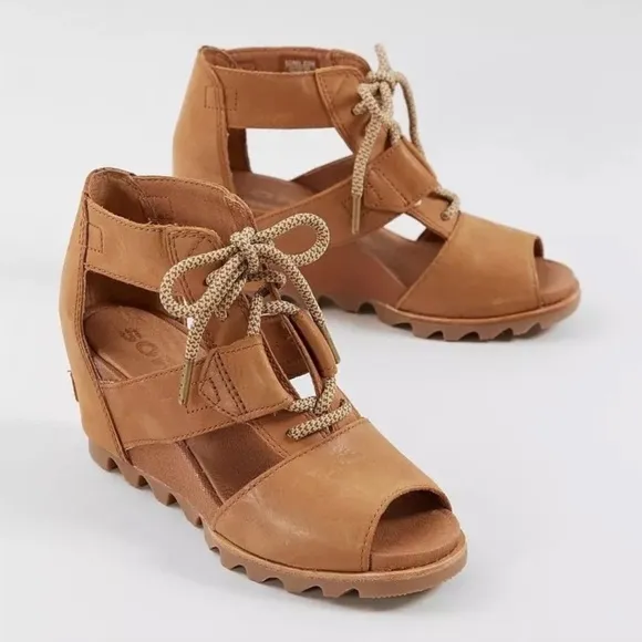 Sorel Joanie II Brown Leather Lace Up Wedge Sandals Size 9 Classic Boho Fall