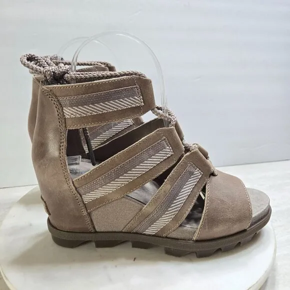 Sorel Joanie II Casual Lace up Sandals Ash Brown Womens 7 Wedge Boho Festival
