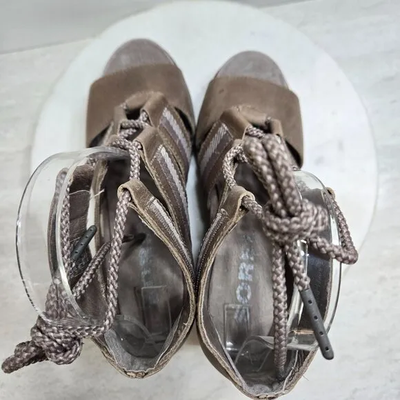 Sorel Joanie II Casual Lace up Sandals Ash Brown Womens 7 Wedge Boho Festival