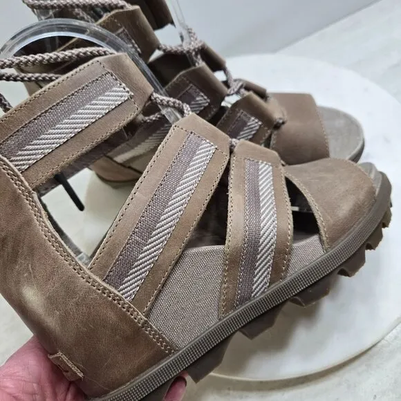Sorel Joanie II Casual Lace up Sandals Ash Brown Womens 7 Wedge Boho Festival