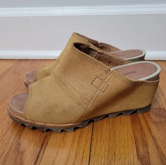 Sorel Joanie II Slide Wedge Sandals Nubuck Leather, Tan, Women's Size 7 NL2228