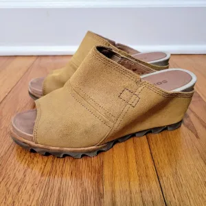 Sorel Joanie II Slide Wedge Sandals Nubuck Leather, Tan, Women's Size 7 NL2228