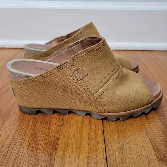 Sorel Joanie II Slide Wedge Sandals Nubuck Leather, Tan, Women's Size 7 NL2228