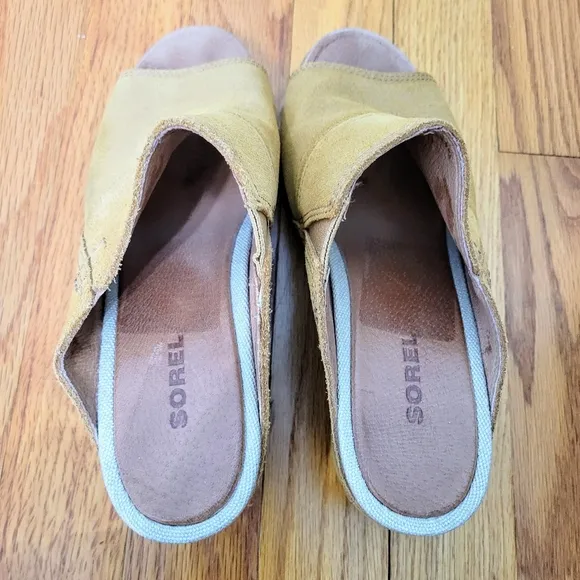 Sorel Joanie II Slide Wedge Sandals Nubuck Leather, Tan, Women's Size 7 NL2228