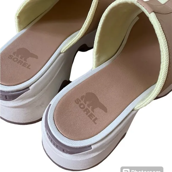 Sorel Kinetic Impact Platform Slide Sandal Beige Tan Leather Chalk Women’s 8.5
