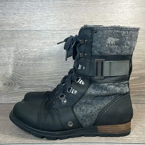 Sorel Major Carly Lace Up Womens Sz 8 Black Leather Dark Felt Gray Combat Boots