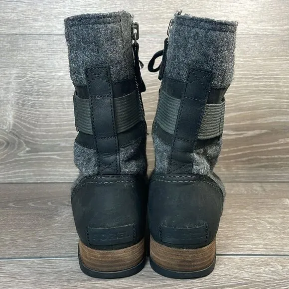Sorel Major Carly Lace Up Womens Sz 8 Black Leather Dark Felt Gray Combat Boots