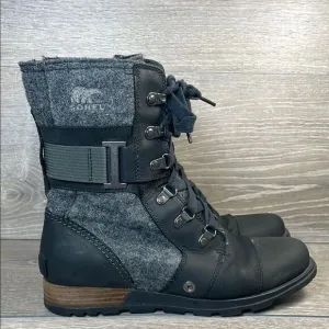 Sorel Major Carly Lace Up Womens Sz 8 Black Leather Dark Felt Gray Combat Boots