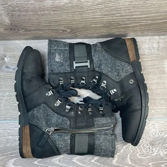 Sorel Major Carly Lace Up Womens Sz 8 Black Leather Dark Felt Gray Combat Boots