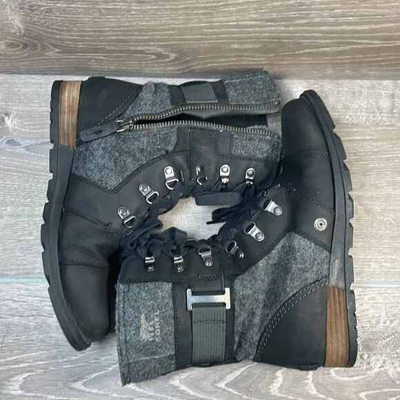Sorel Major Carly Lace Up Womens Sz 8 Black Leather Dark Felt Gray Combat Boots