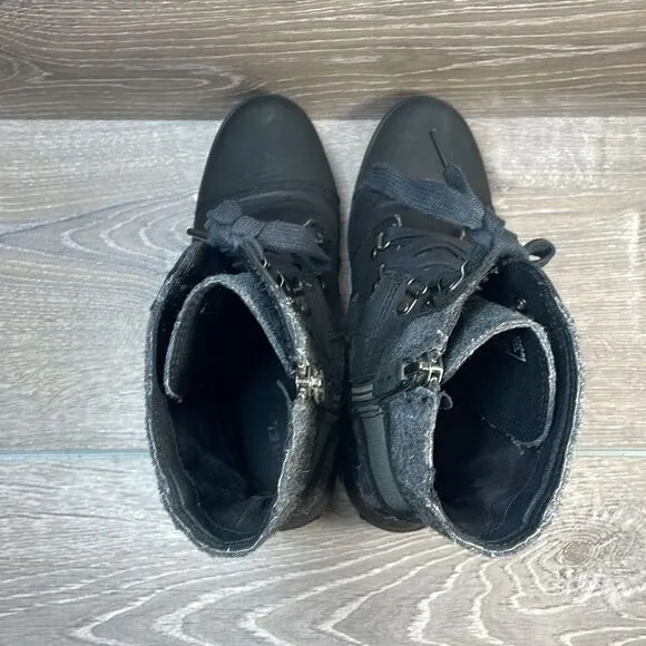 Sorel Major Carly Lace Up Womens Sz 8 Black Leather Dark Felt Gray Combat Boots