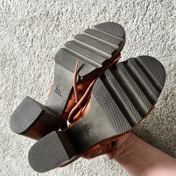 Sorel Sandals Womens Size 8.5 Rust Orange Brown Addington Leather Lace Up Heel