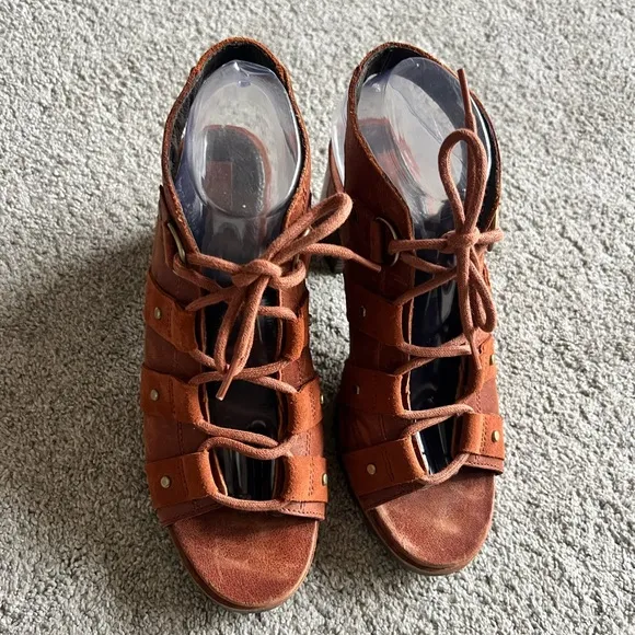 Sorel Sandals Womens Size 8.5 Rust Orange Brown Addington Leather Lace Up Heel