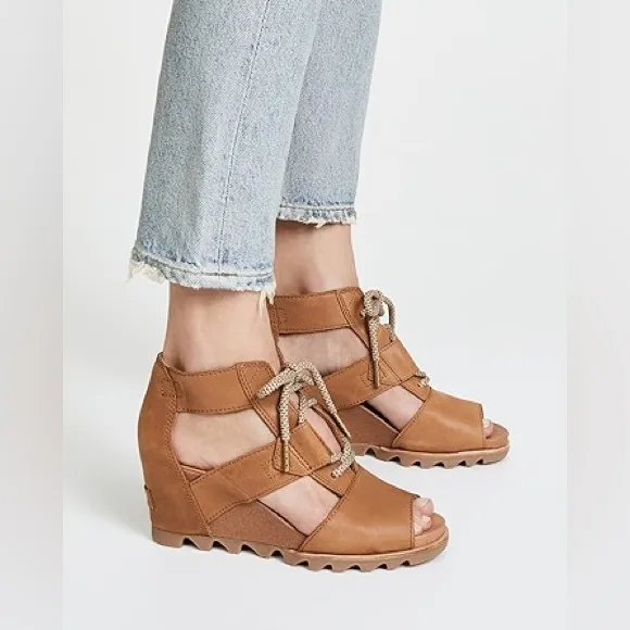 Sorel Women Joanie Ankle Leather Camel Lace Up Open Toe Wedge Sandals 8.5