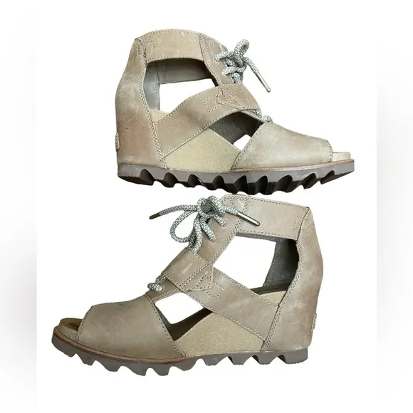 Sorel Women Joanie Ankle Leather Camel Lace Up Open Toe Wedge Sandals 8.5