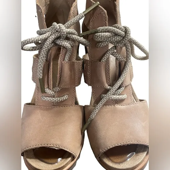 Sorel Women Joanie Ankle Leather Camel Lace Up Open Toe Wedge Sandals 8.5
