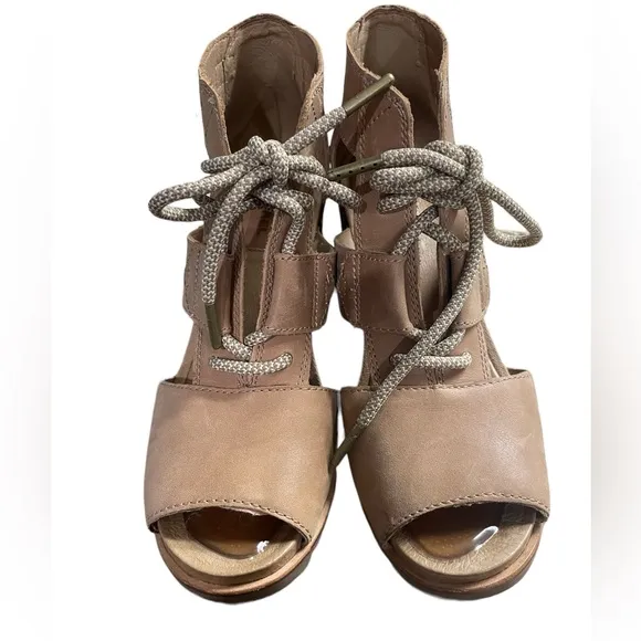 Sorel Women Joanie Ankle Leather Camel Lace Up Open Toe Wedge Sandals 8.5