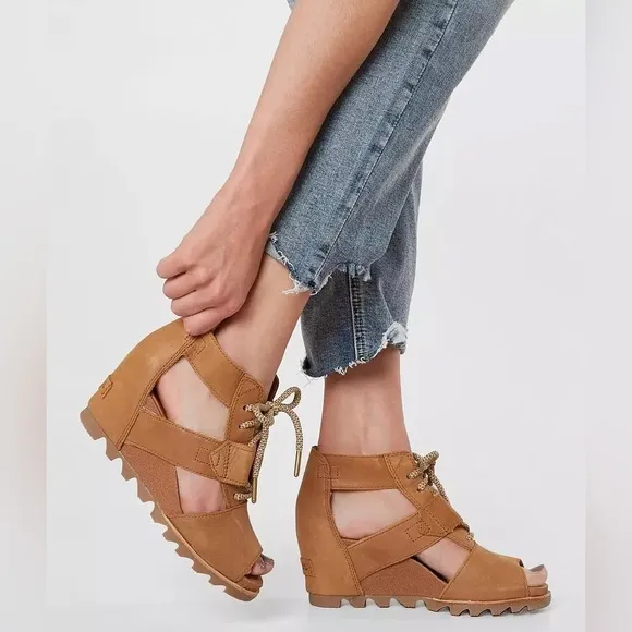 Sorel Women Joanie Ankle Leather Camel Lace Up Open Toe Wedge Sandals 8.5