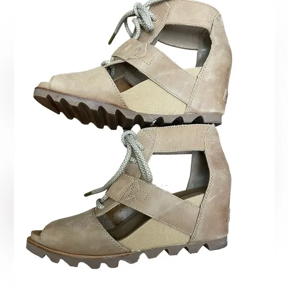 Sorel Women Joanie Ankle Leather Camel Lace Up Open Toe Wedge Sandals 8.5