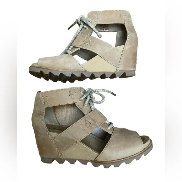 Sorel Women Joanie Ankle Leather Camel Lace Up Open Toe Wedge Sandals 8.5