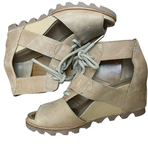 Sorel Women Joanie Ankle Leather Camel Lace Up Open Toe Wedge Sandals 8.5