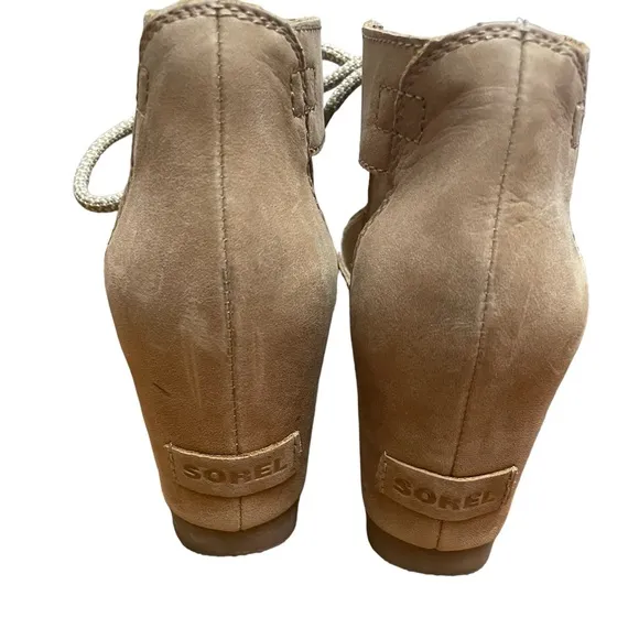 Sorel Women Joanie Ankle Leather Camel Lace Up Open Toe Wedge Sandals 8.5