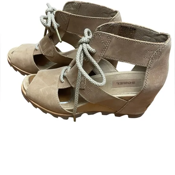 Sorel Women Joanie Ankle Leather Camel Lace Up Open Toe Wedge Sandals 8.5