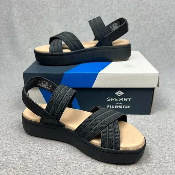 Sperry Bayou Plushstep Chunky platform Sandals Womens 7 Black Comfort Casual