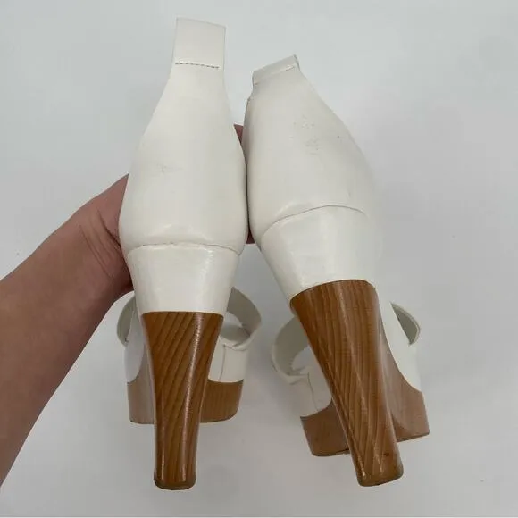 Stella McCartney Wooden Wedge Platform Heels Shoes White Leather Size 37 7