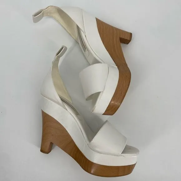 Stella McCartney Wooden Wedge Platform Heels Shoes White Leather Size 37 7
