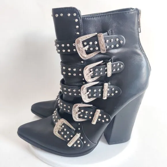 Steve Madden Ankle Boots Womens 8.5 Comet Studded Buckle Leather Punk Metal Goth