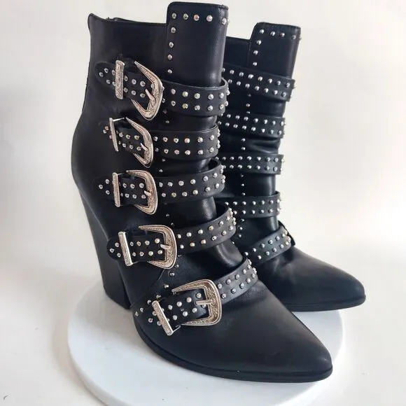 Steve Madden Ankle Boots Womens 8.5 Comet Studded Buckle Leather Punk Metal Goth