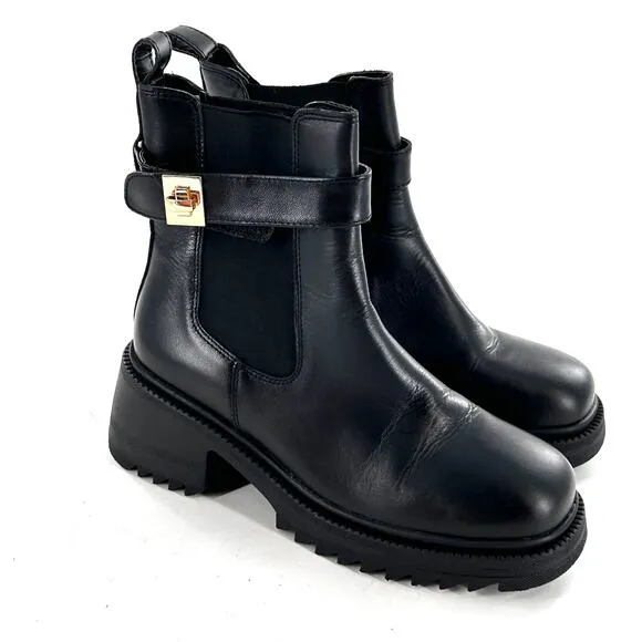 Steve Madden Gates Boots 8.5 Black NWOT Leather Buckle Chelsea Booties Lug