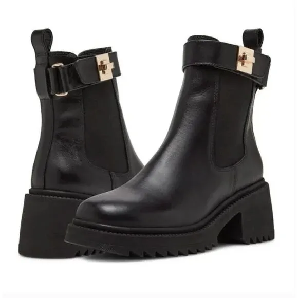 Steve Madden Gates Boots 8.5 Black NWOT Leather Buckle Chelsea Booties Lug