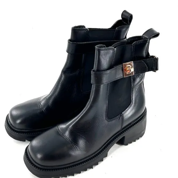 Steve Madden Gates Boots 8.5 Black NWOT Leather Buckle Chelsea Booties Lug