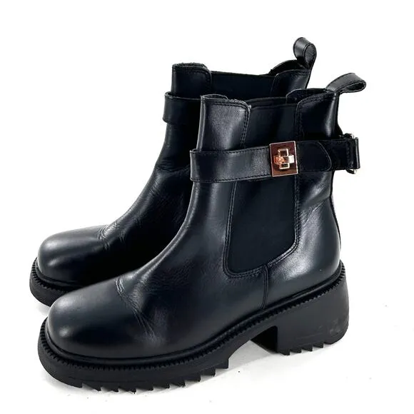 Steve Madden Gates Boots 8.5 Black NWOT Leather Buckle Chelsea Booties Lug