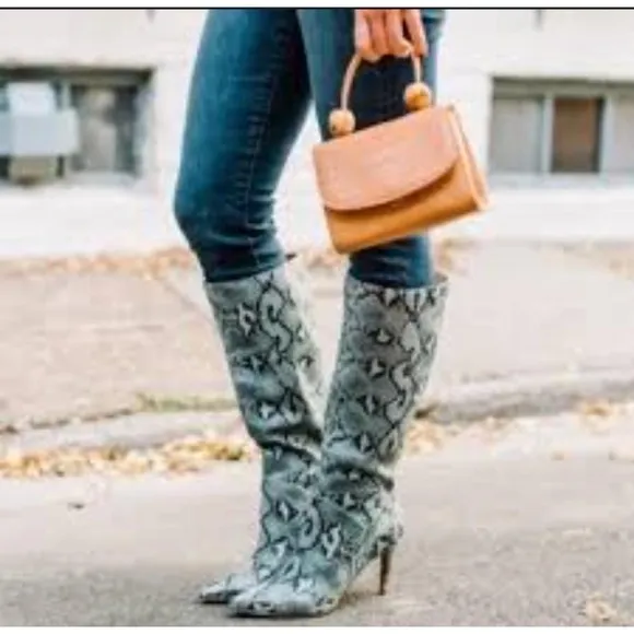 STEVE MADDEN Kinga Snake Print Vegan Leather Knee-High Boots in Gray Size 5.5M