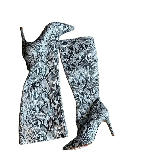 STEVE MADDEN Kinga Snake Print Vegan Leather Knee-High Boots in Gray Size 5.5M