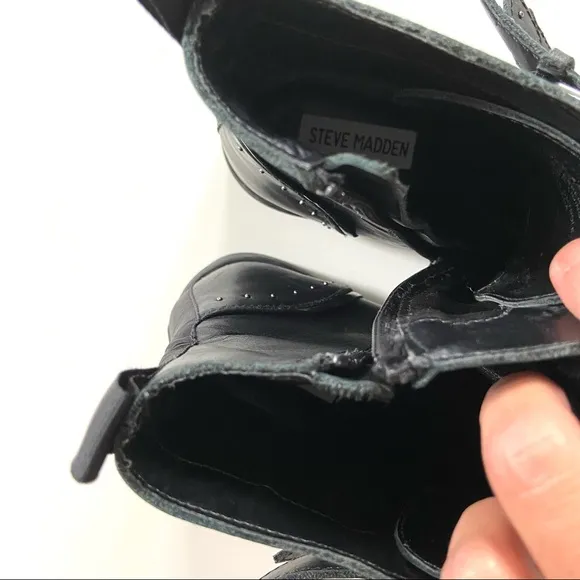 Steve Madden Pursue Black Genuine Leather Studded Buckle Moto Ankle Boots