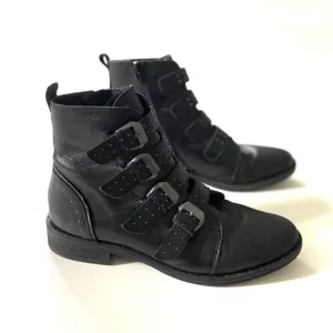 Steve Madden Pursue Black Genuine Leather Studded Buckle Moto Ankle Boots