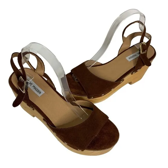 Steve Madden Suede &amp; Wooden Platform Clog Sandals Brass Rivets Adjustable Strap