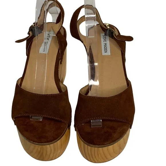Steve Madden Suede &amp; Wooden Platform Clog Sandals Brass Rivets Adjustable Strap