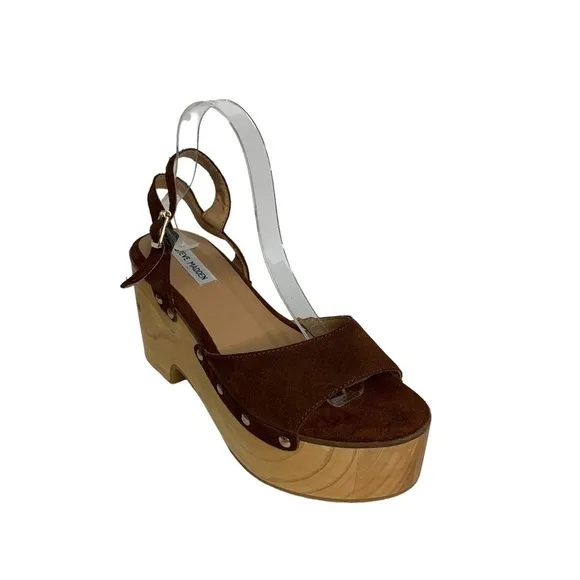Steve Madden Suede &amp; Wooden Platform Clog Sandals Brass Rivets Adjustable Strap