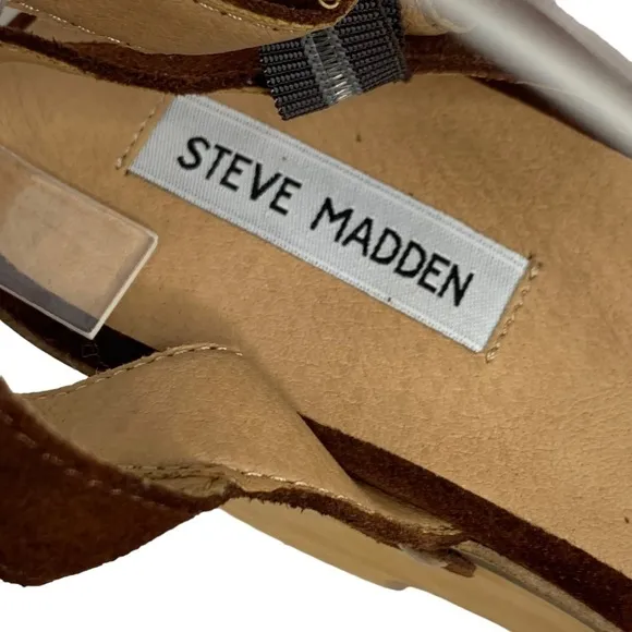 Steve Madden Suede &amp; Wooden Platform Clog Sandals Brass Rivets Adjustable Strap