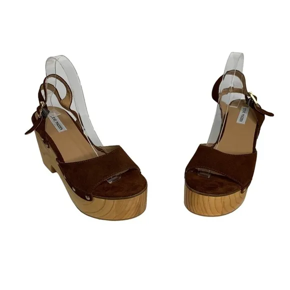 Steve Madden Suede &amp; Wooden Platform Clog Sandals Brass Rivets Adjustable Strap