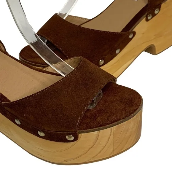 Steve Madden Suede &amp; Wooden Platform Clog Sandals Brass Rivets Adjustable Strap