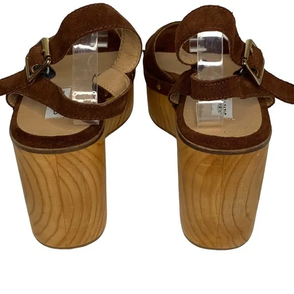 Steve Madden Suede &amp; Wooden Platform Clog Sandals Brass Rivets Adjustable Strap
