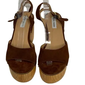 Steve Madden Suede &amp; Wooden Platform Clog Sandals Brass Rivets Adjustable Strap