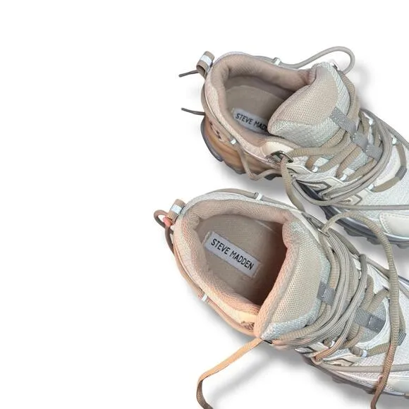 Steve Madden Watts Sneakers Women's 8 Beige Mesh Chunky Trail Bungee Cord Lace