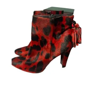 Striking Red Leopard Print Ankle Boots with Tassel Detail‎ High Heel Booties